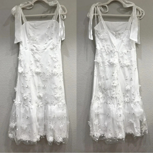 Size M - Lulus Divinely Adored White Embroidered Floral Tie-Strap Midi Dress - Picture 6 of 9